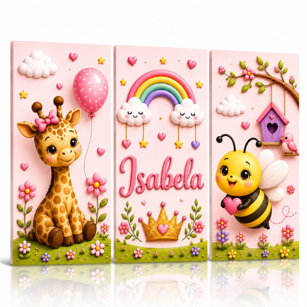 Quadros Decorativos 3 Peças Quarto Infantil Brinquedos Personalizado Menina Isabela