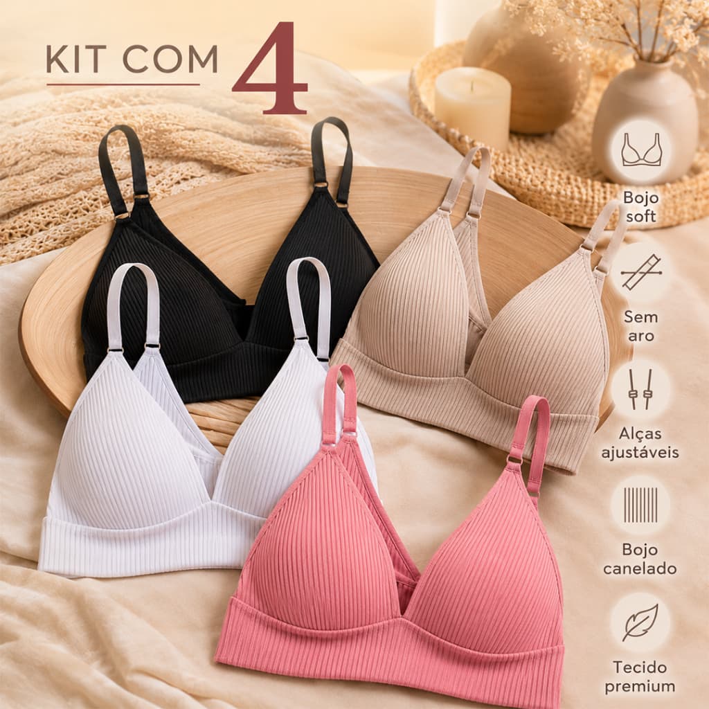Kit 4 soutien canelado bojo soft sem aro conforto atacado varejo dia a dia cores sortidas
