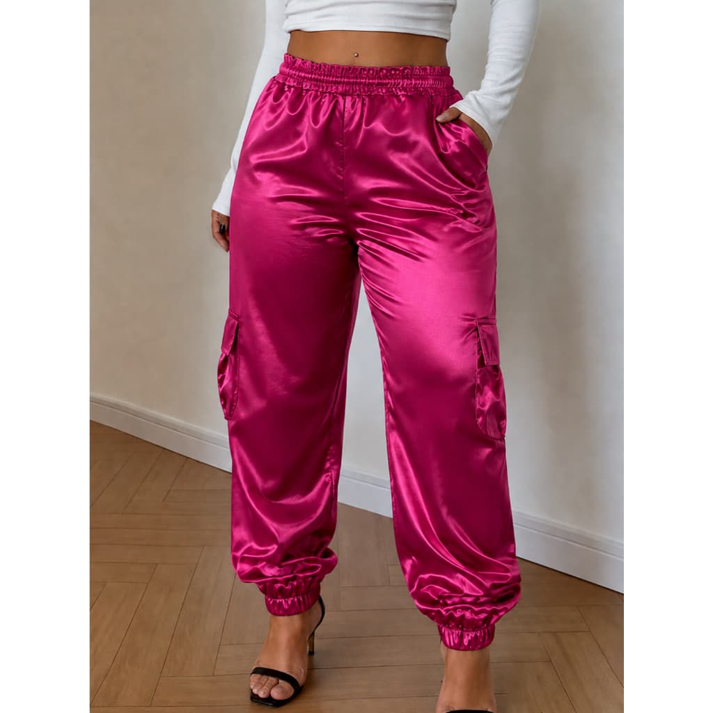 Calça Feminina De Cetim Cargo Balada Eletrônica Streetwear para Festival Jogger Gringa Cintura Elástica