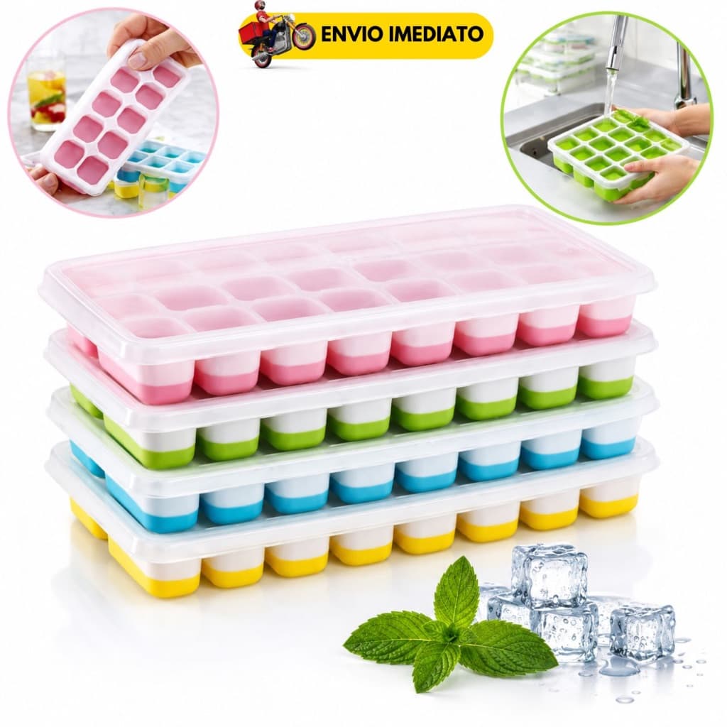 Kit 2/4 Formas de Gelo Silicone com Tampa 14 Cubos de Gelo Molde para Freezer Congelar Sucos Papinhas e Molhos BPA Free