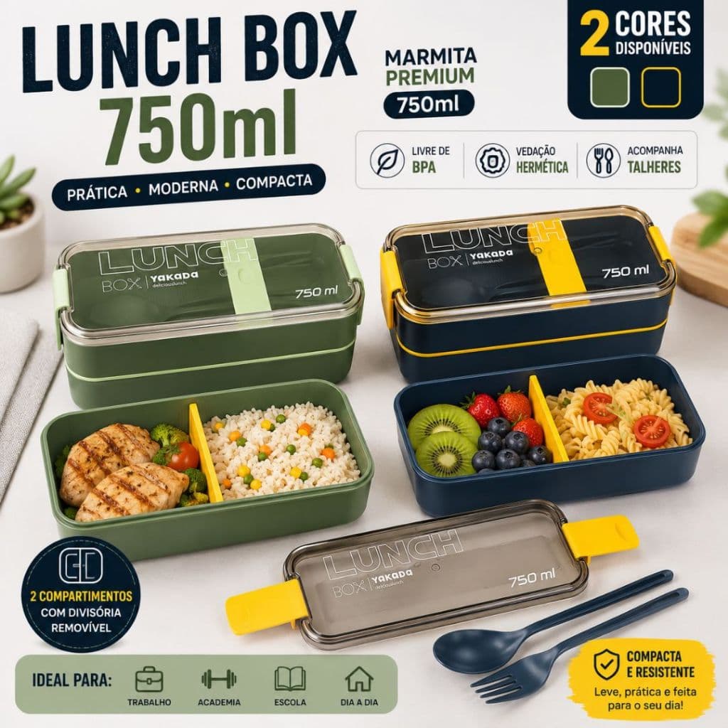 Marmita Hermética Lunch Box 750ml 2 andares com Divisória Talheres BPA Free Porta Molho Marmiteira Reutilizável