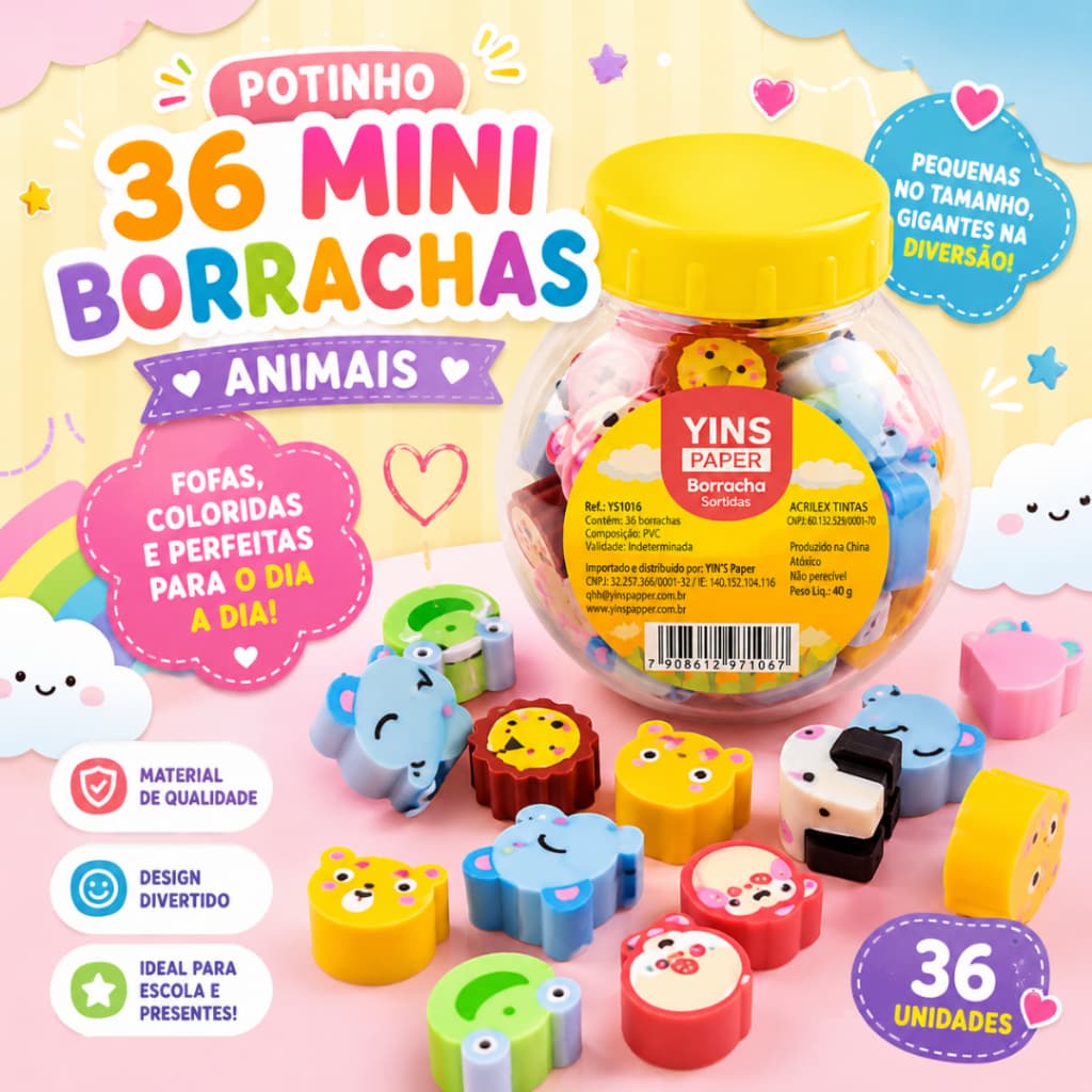 Kit Com Mini Borracha Pote 36 Unidades Bichinhos Fofo Material Escolar Infantil Lembrancinha Criativa Papelaria