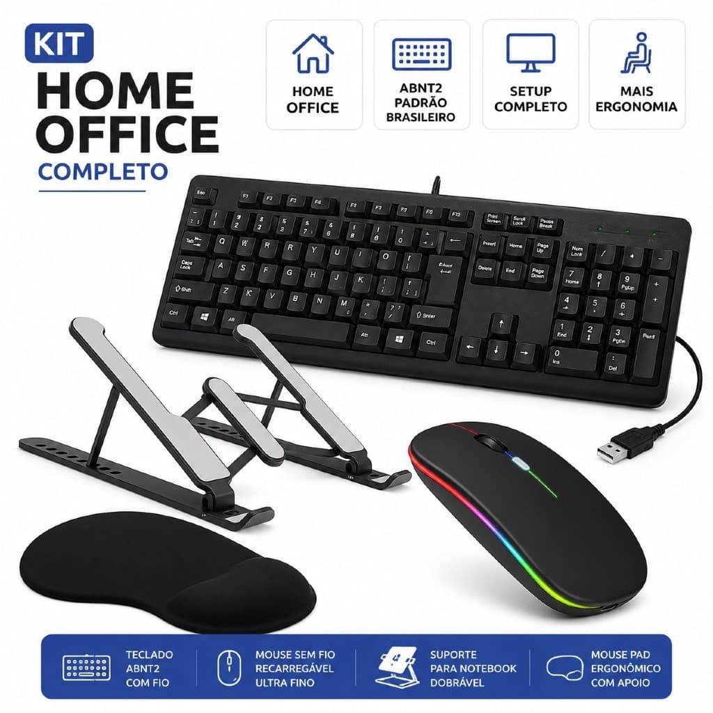 Kit Escritório Home Office Teclado Mouse Suporte P/ Notebook Ergonômico Abnt2 Preto