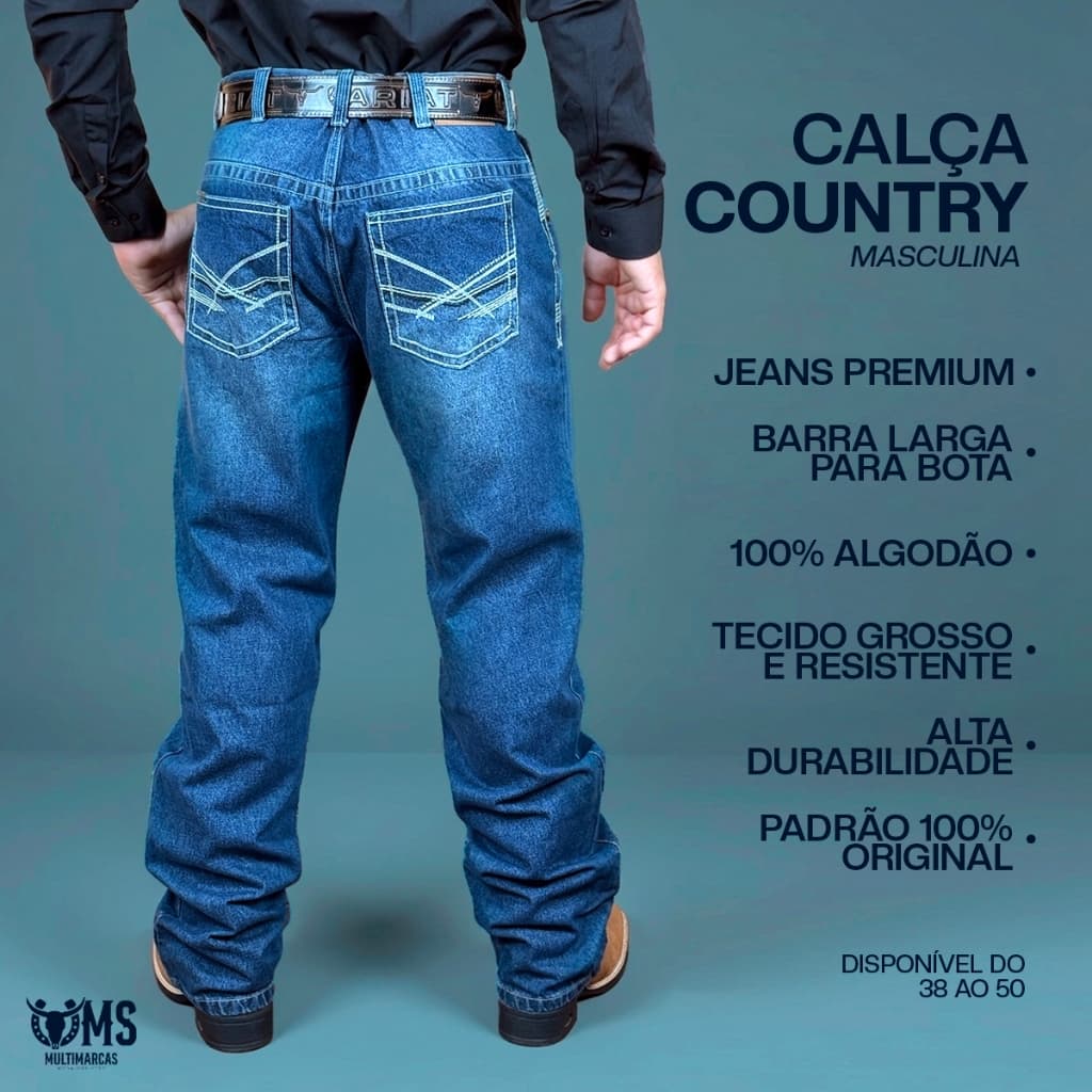 Calça Country Masculina Jeans Grosso Premium Barra Larga Para Bota Estilo Cowboy Rodeio 38 ao 50