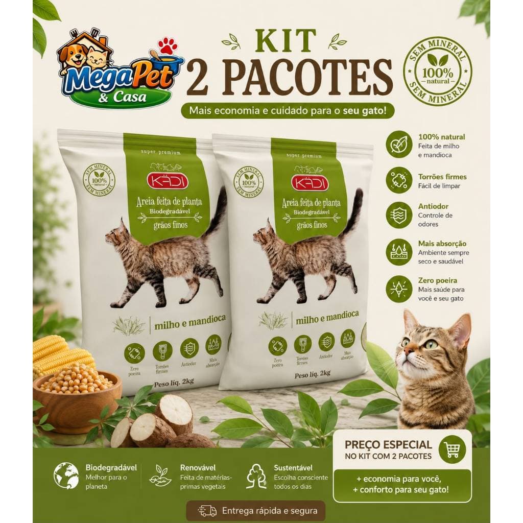 KIT 02 AREIA BIODEGRADÁVEL KADI - MILHO E MANDIOCA- GRÃOS FINOS 4 KG CADA