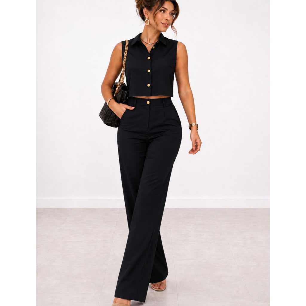 Conjunto Alfaiataria Feminino Clássico Calça Pantalona + Colete Sem Mangas Elegante