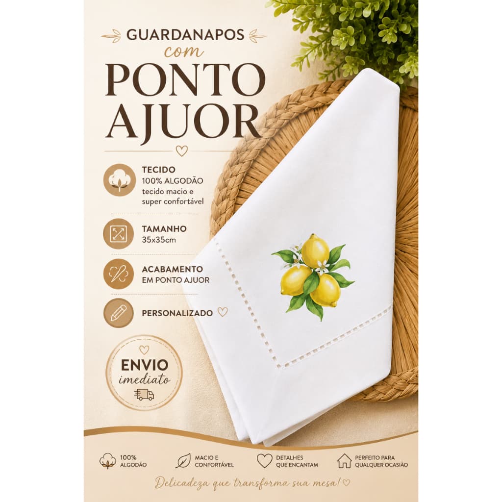 Kit com 4, 6, 8 ou 12 Guardanapos de Algodão com Ponto Ajour 40x40cm Modelos Variados - Guardanapo de Mesa