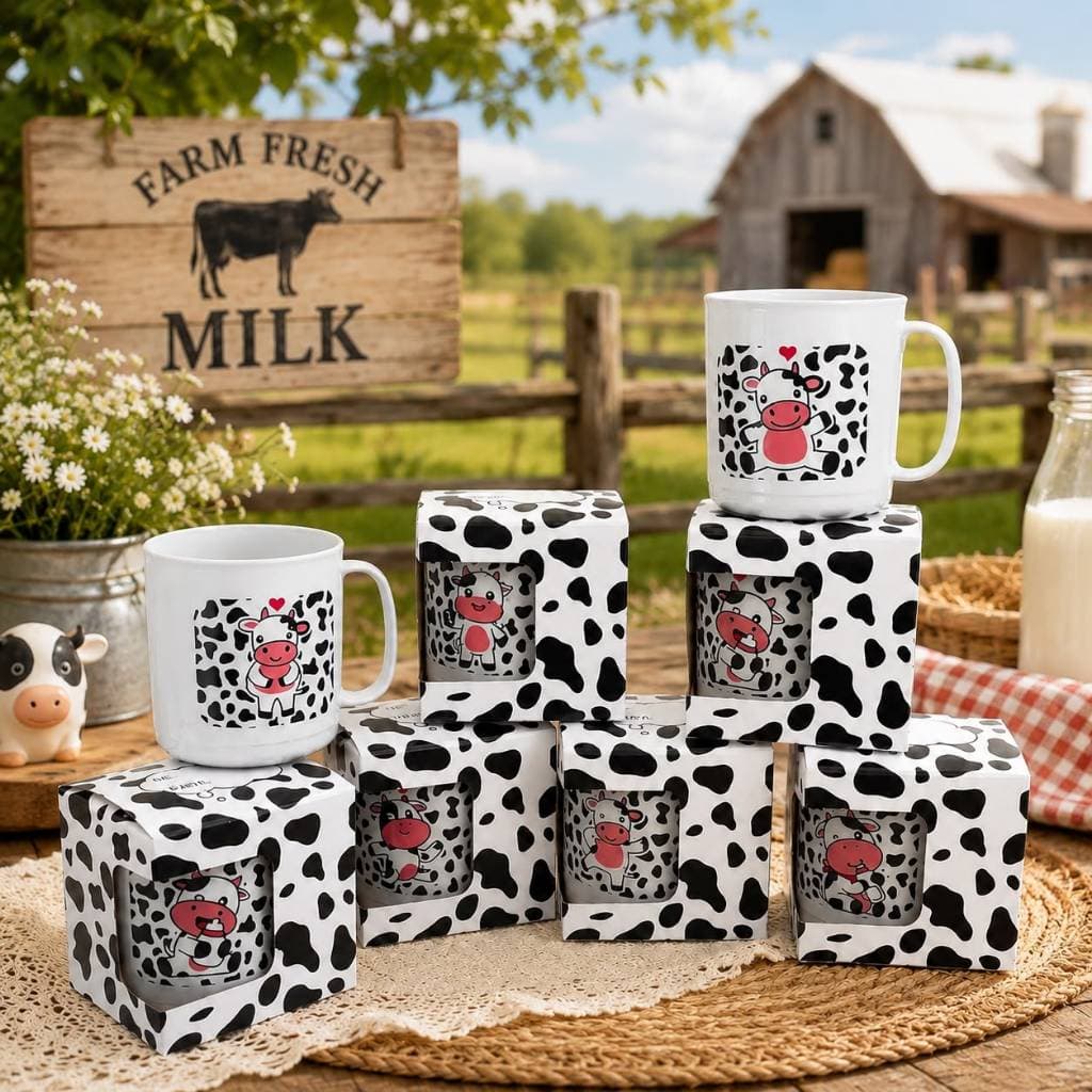 Kit Caneca Vaquinha Mimosa Vaca Café Fazenda Plástica 450ml Com Caixinha Aniversario Roça