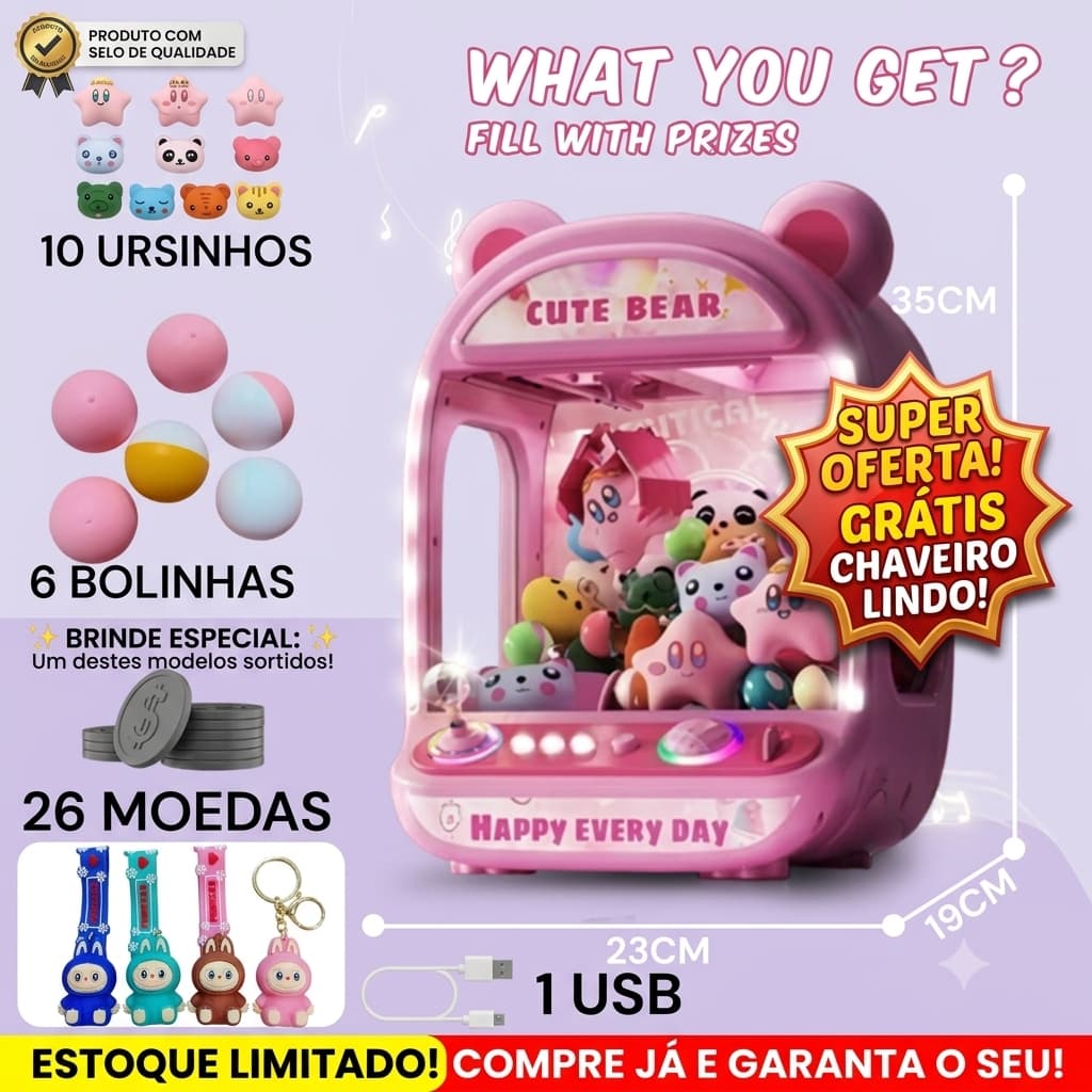 Mini Máquina De Garra Grua Pega Ursinho  Pelúcia Com Som E Luz + Bolinhas+ BRINDE DE UM LINDO CHAVEIRO
