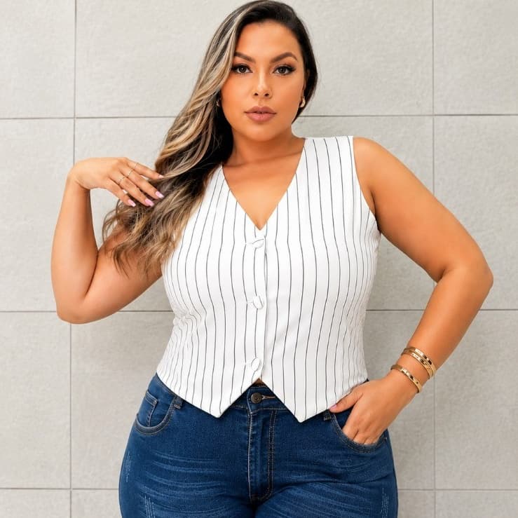 Coletinho Feminino Plus Size Listrado Decote V Botões Alfaiataria