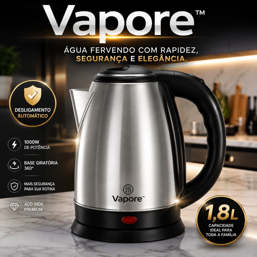 Chaleira Elétrica Inox 1,8 Litros 1000W 127V Base 360° Desligamento Automático Aquecimento Rápido Vapore™