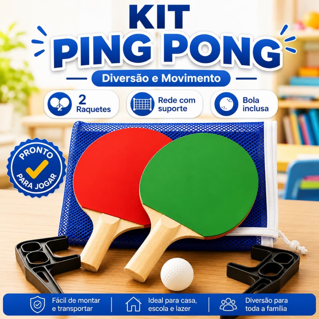 Kit Ping Pong Completo Raquetes Rede Bola Tênis de Mesa Recreativo Infantil Família