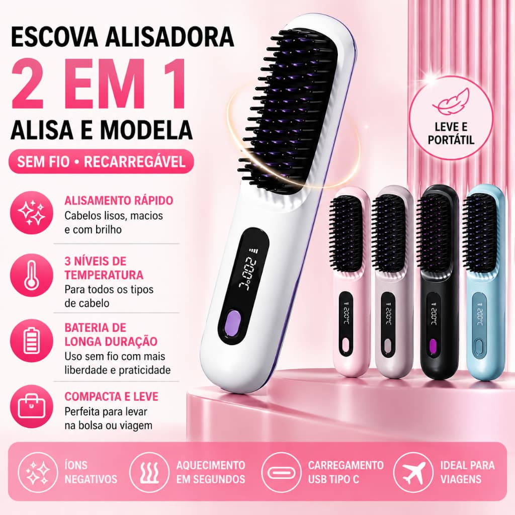 Escova Alisadora 2 em 1 Sem Fio Íons Negativos 3 Temperaturas Recarregável USB Tipo C Anti Queimadura Portátil