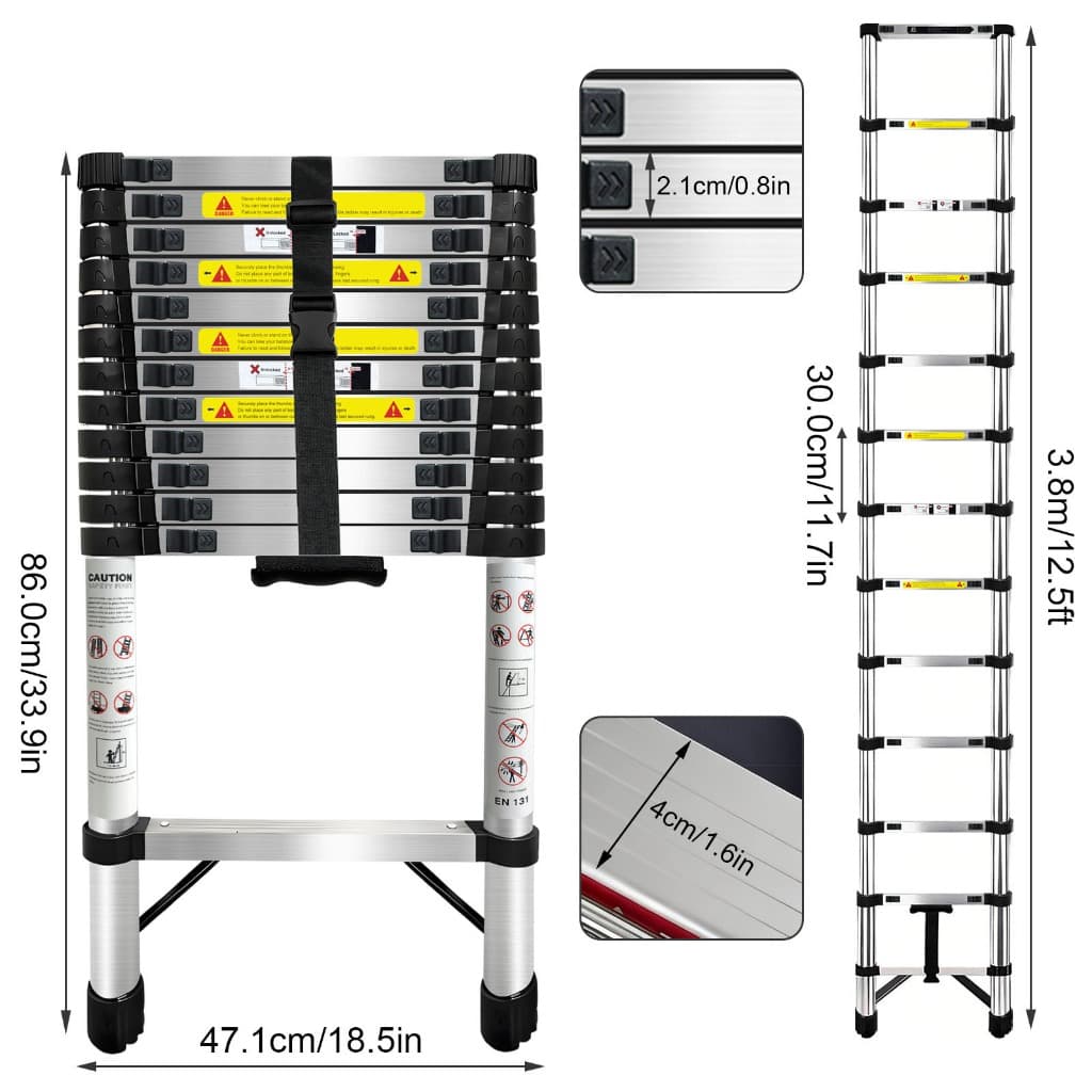 Escada Telescópica Aço Inox Retrátil 2,6/3,2/3,8/4,1m Portátil Antiderrapante Compacta para Obra Casa
