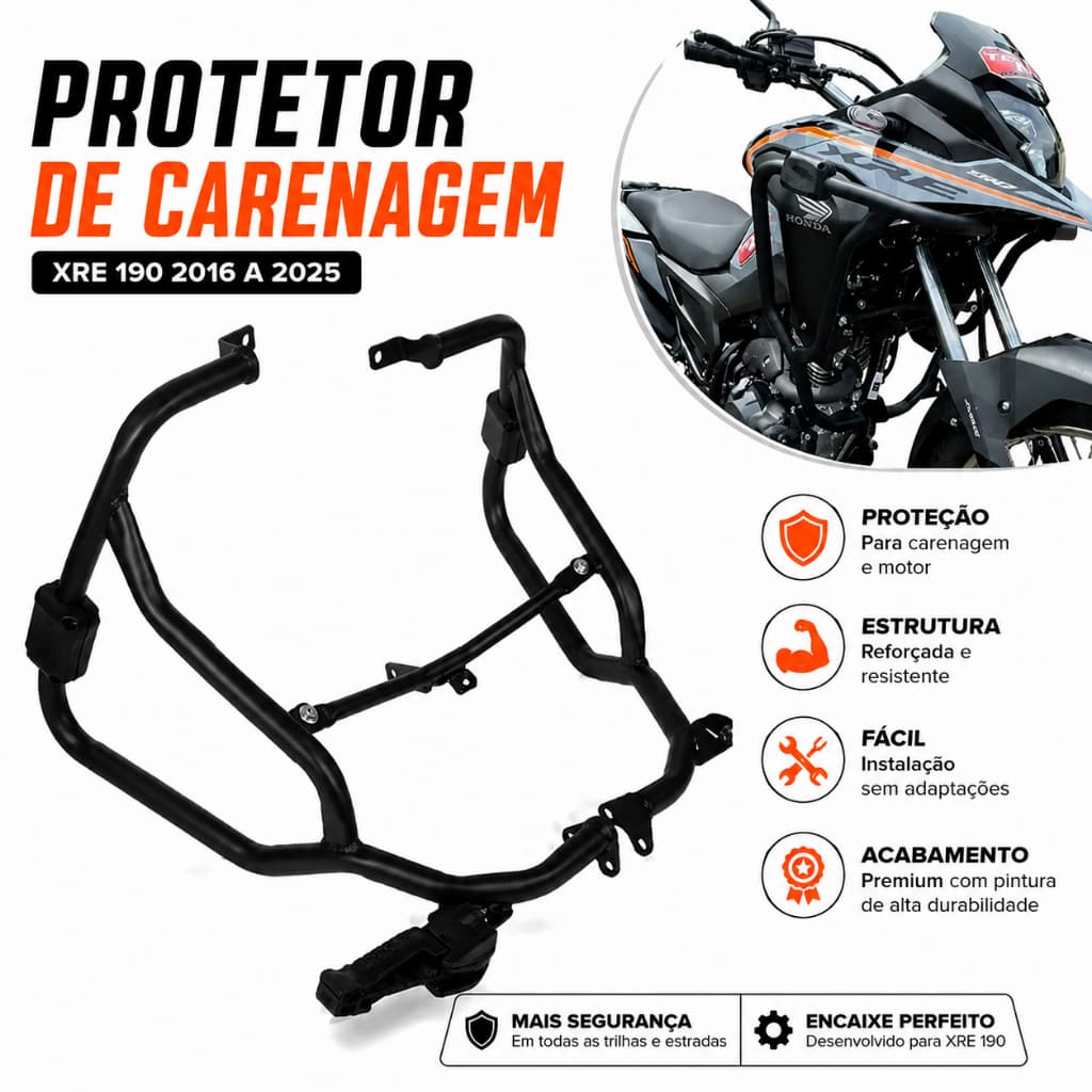 Protetor Carenagem Xre 190 Modelo Life 2025 Mata Cachorro com Pedaleira Retrátil Reforçado