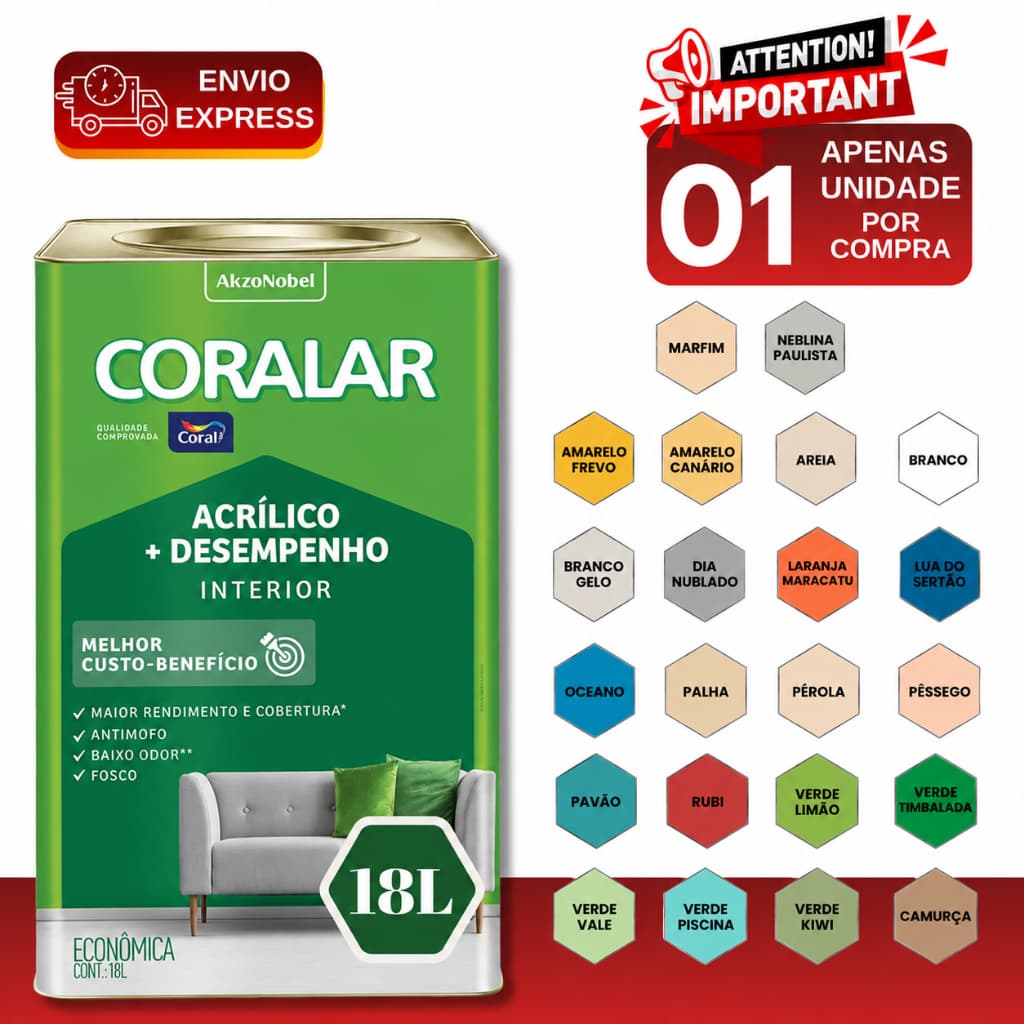 Tinta Acrílica 18L Litros Coral Universo Versátil Interno Coralar Anti Mofo Várias Cores