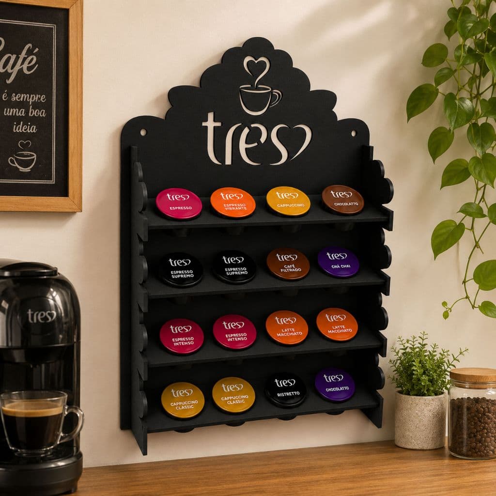 Suporte para Cápsulas de Café em MDF Expositor de Parede com 4 Fileiras para 16 Cafés