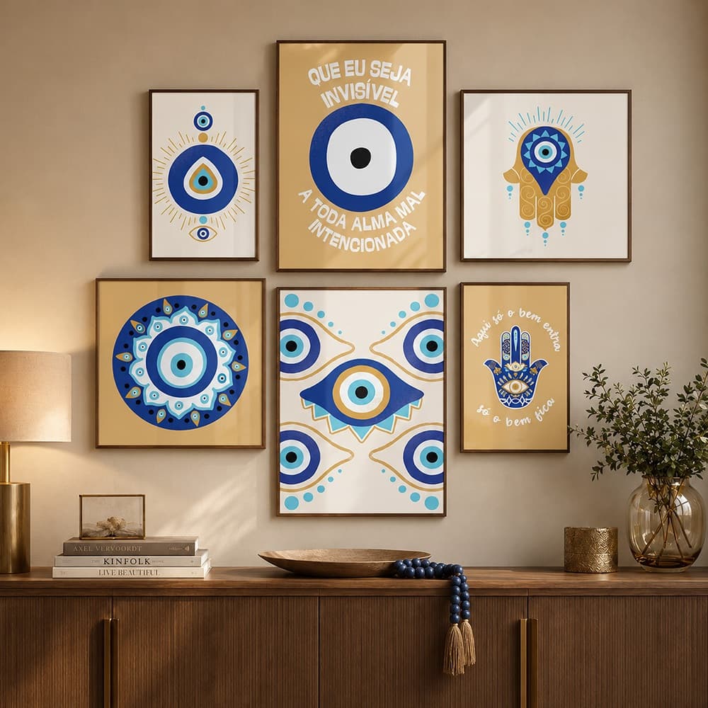 Quadro Decorativo Espiritual Proteção Energia Positiva Kit 6 Peças Sala Quarto Escritório