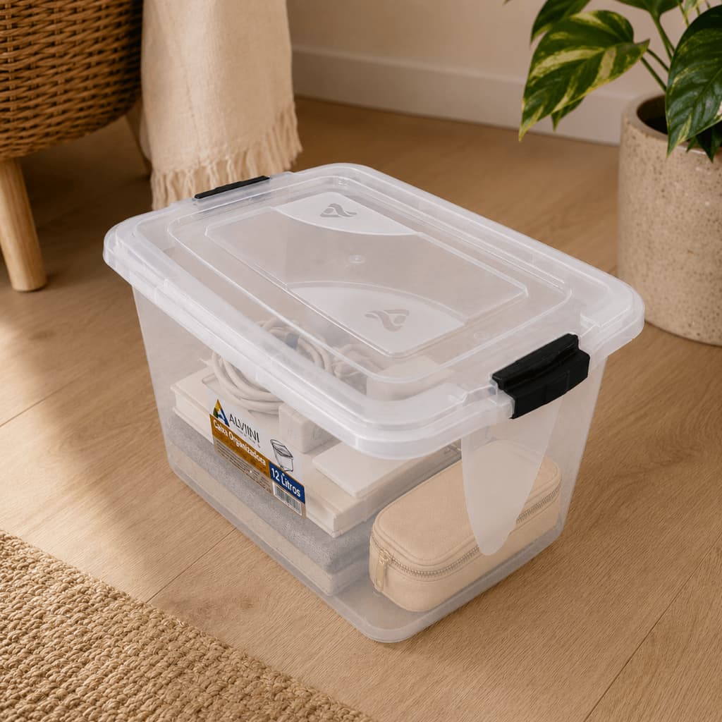 Kit Caixa Organizadora 12 Litros Transparente com Travas Coloridas - Roupas, Brinquedos, Livros e Documentos
