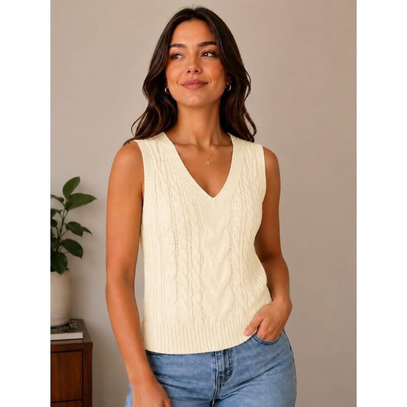Colete Suéter Feminino Tricô Trançado Gola V Casual Elegante