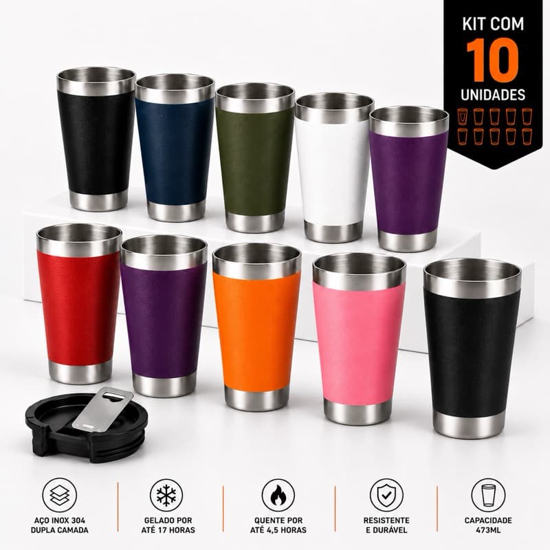 Kit 10 Copos Termico Inox Cerveja e Bebidas Quentes 473ML Diversas Cores Envio Imediato