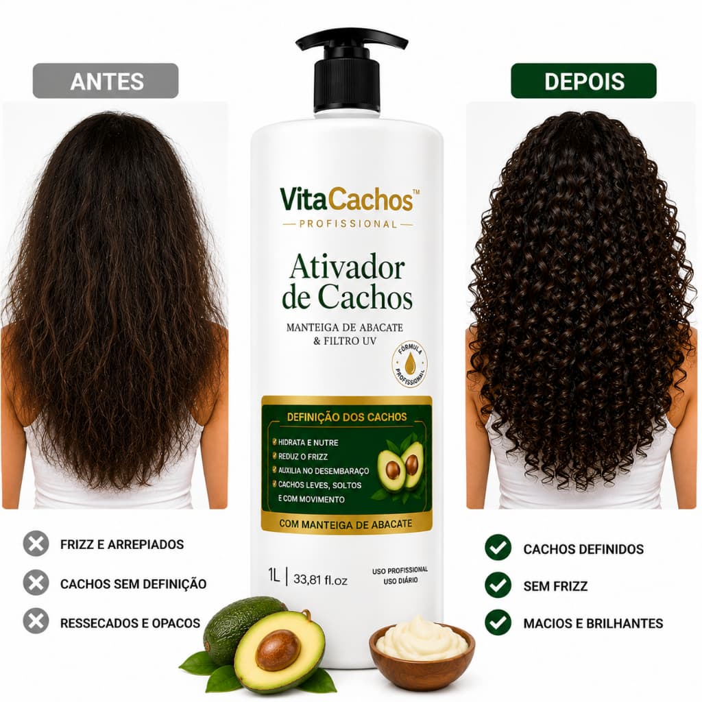 Creme para Cachos VitaCachos™ 1L Profissional Finalizador Cacheados Crespos Ondulados Controle do Frizz