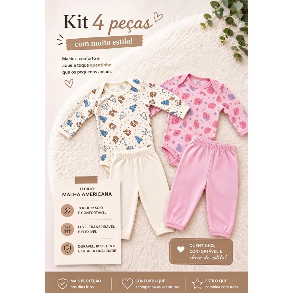 2 Conjuntos De Bebe Estampado Infantil Body Manga Longa e Calça 4 Peças