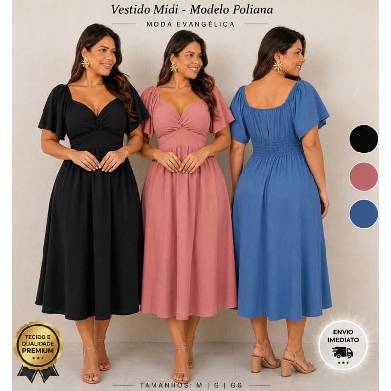 Vestido Soltinho Midi Moda Cristã Tecido Elastano Confortável Elegante Casual Duna Fresco Forrado