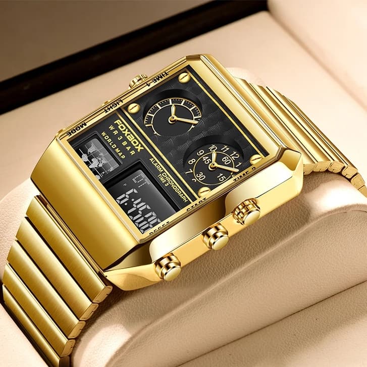 Relógio Masculino de Luxo Dourado de Aço Inoxidável à Prova d'Água com Dupla Exibição e Quartzo Watch