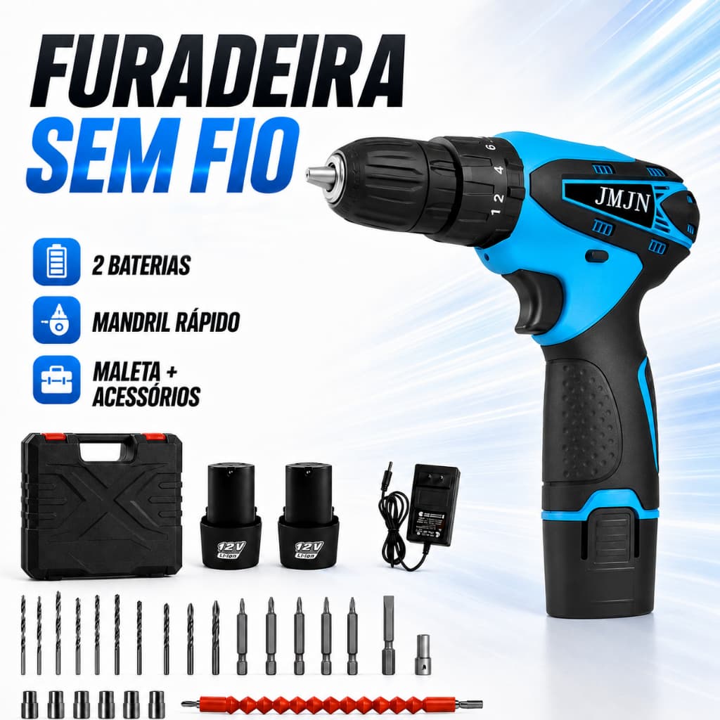 Parafusadeira Furadeira de Impacto Sem Fio com 2 Baterias, Maleta e Kit 28 Peças