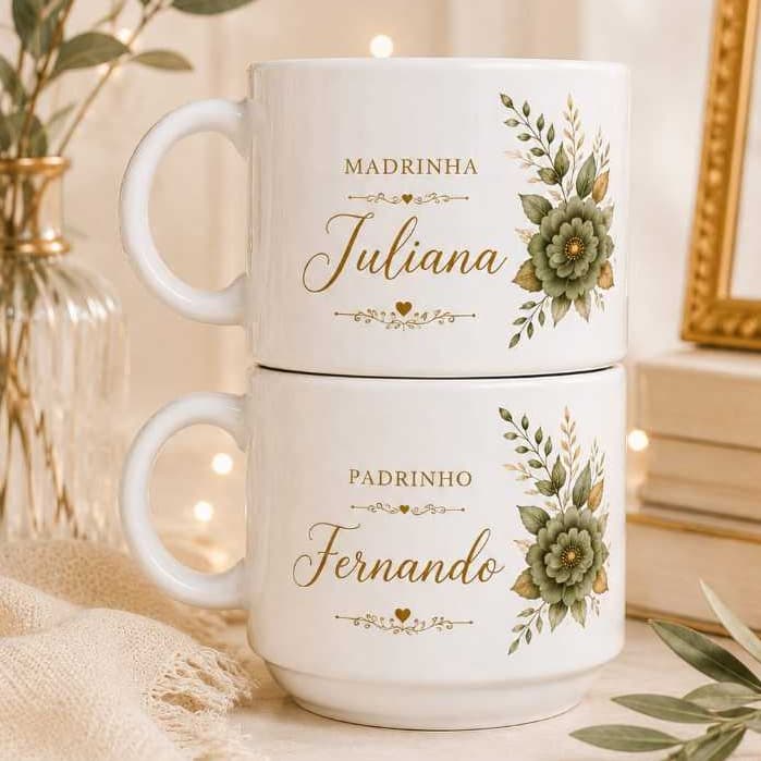 KIT 2 Xícaras Personalizadas OLIVA 180ml Pais dos Noivos | Presente Casamento Porcelana padrinho madrinha dindos