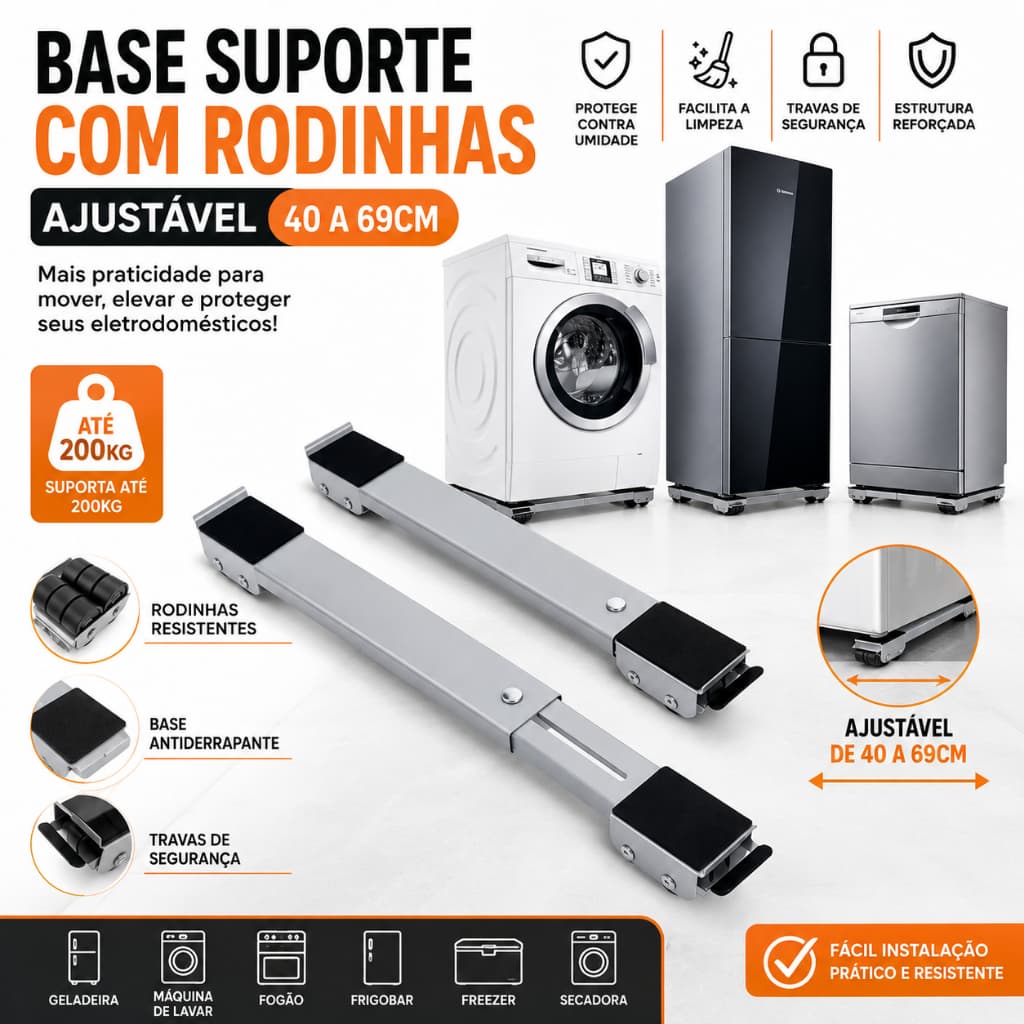 Base Suporte com Rodinhas para Geladeira e Máquina de Lavar Ajustável 40 a 69cm até 200kg Lavanderia Limpeza