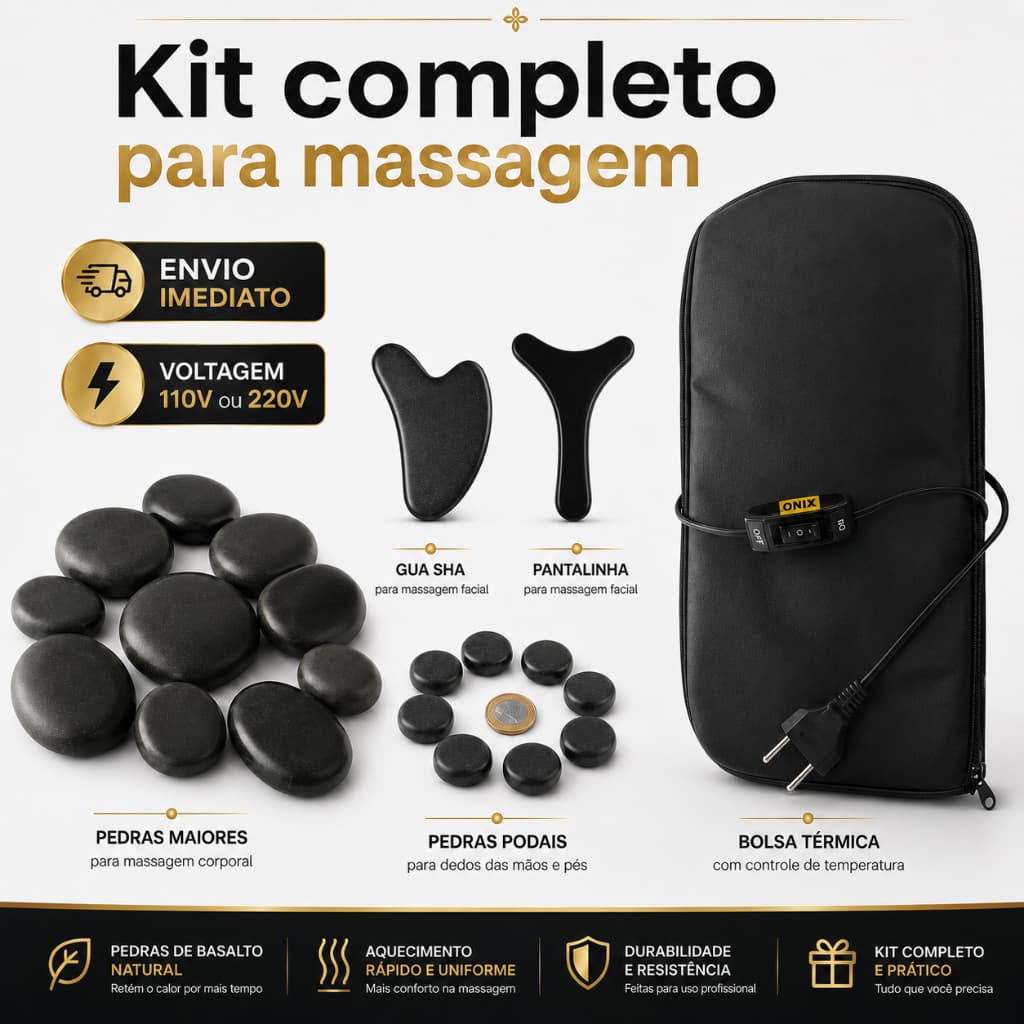 Kit 12 Pedras Vulcanicas Massagem + 10 Podais + Bolsa Térmica + Pantalinha + Guasha