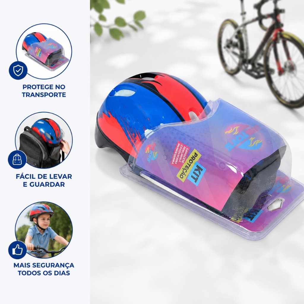 Kit Protecao Infantil Completo 7 Pecas Capacete Criança Joelheira Luva Pulso Azul Vermelha Rosa Preto