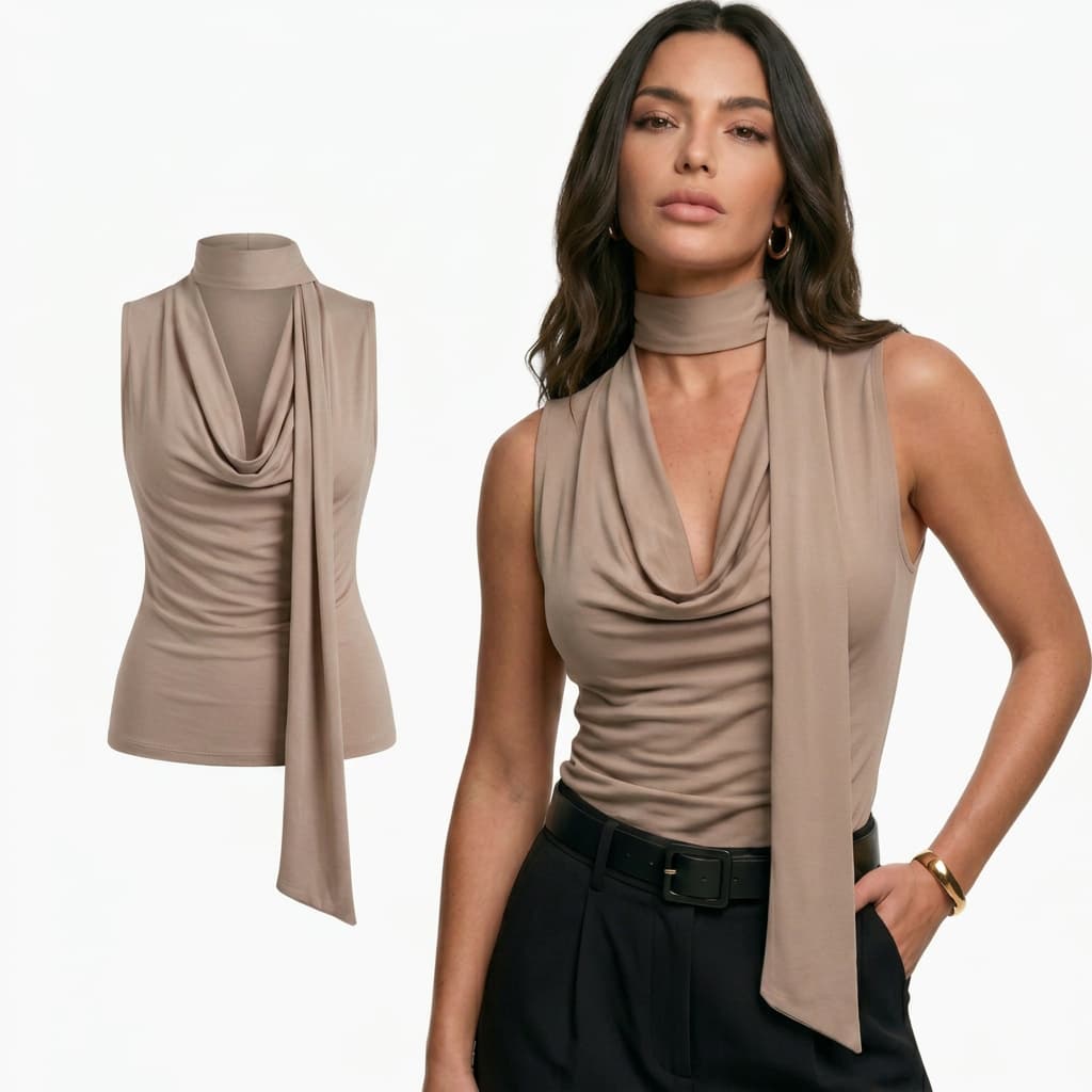 Blusa Gola Chocker Decote V Drapeado com Cachecol Choker Moda Gringa Elegante Suplex Premium Fashion