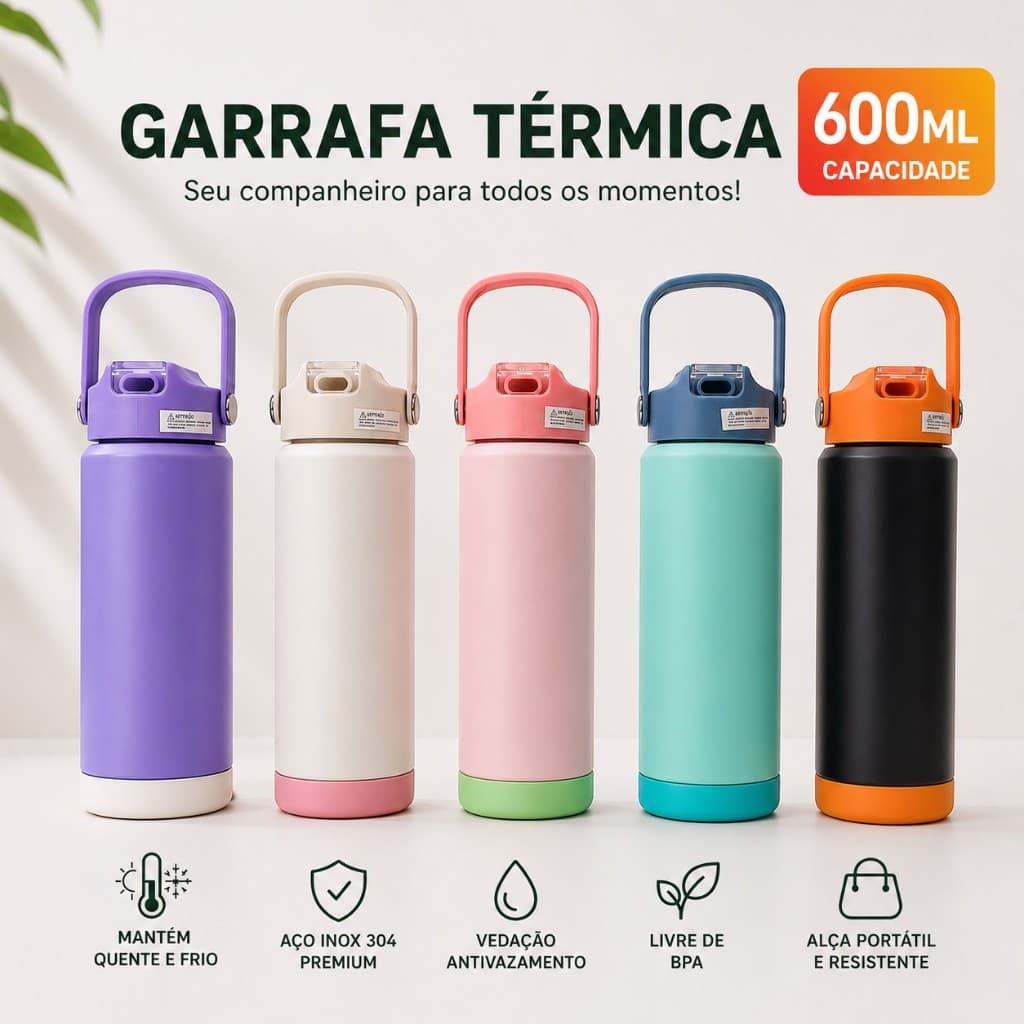 Garrafa Térmica Inox 304 600ml com Canudo e Alça Portátil Antivazamento Quente e Frio