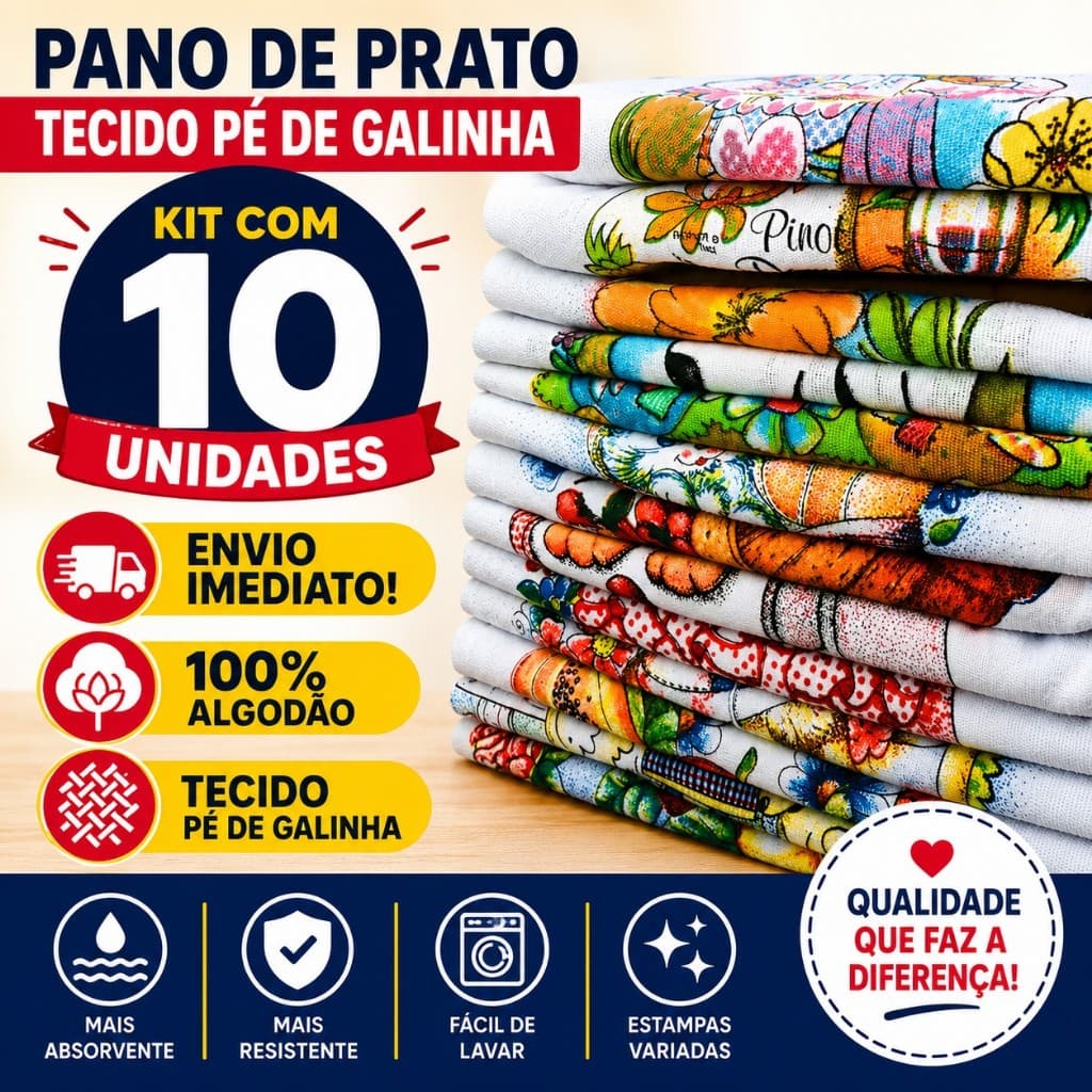 Kit 10 ou 15 Pano de Prato Pé de Galinha 38x69cm | Kit com 3, 5, 10 ou 15 Unidades | 100% Algodão | Estampado