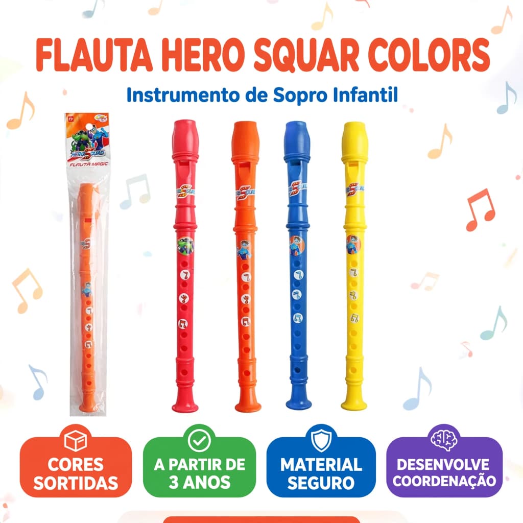 Flauta Infantil Hero Square Colors Instrumento de Sopro Brinquedo Musical Colorido