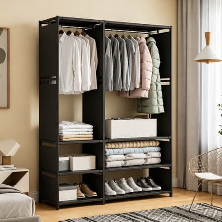 Guarda-Roupas Roupeiro com Cabideiro e 6 Nichos | Armário Closet Organizador Portátil Preto