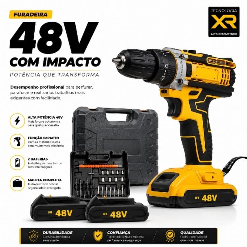 Furadeira de Impacto 48V Profissional Sem Fio Maleta Completa 2 Baterias e Kit Brocas.