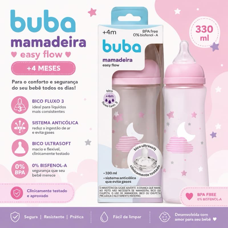 Mamadeira Buba Easy Flow Anticólica 270ml com Bico Ultrasoft para Bebê