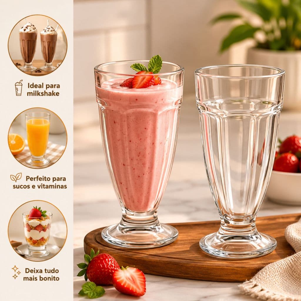 Jogo Taças Vidro Milk shake 310ml Luxo Conjunto Sobremesa Gelada Açaí Sorvete Mesa Posta Afiliados