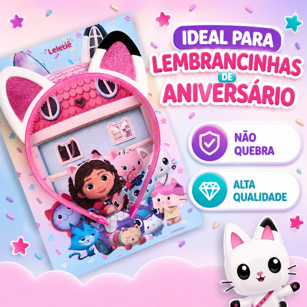 Kit Tiara Gabby NÃO QUEBRA emborrachada Casa Mágica da Gabby Arco Orelha Gatinha Lembrancinha aniversário