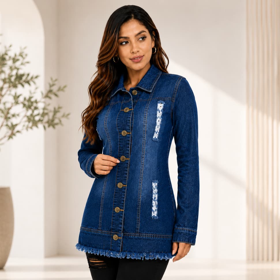 Jaqueta Jeans Feminina Alongada Azul Max Botões Frontais Moda Casual