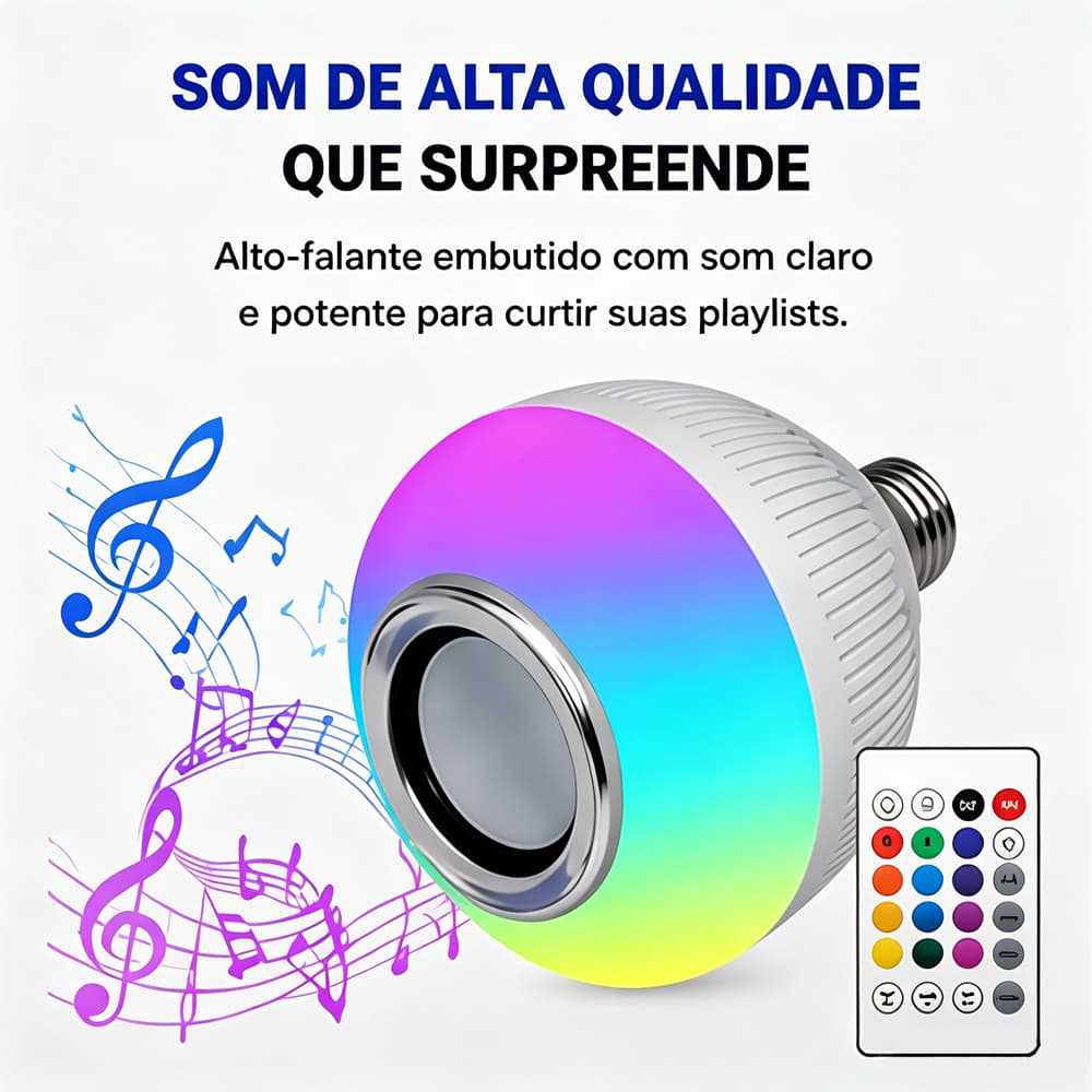 Lâmpada LED Inteligente 2 em 1 com Alto-falante Bluetooth, Luz RGB Colorida, Controle Remoto, Rosca E27 ,-12w