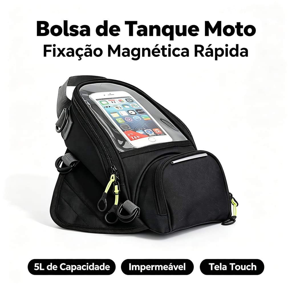 Bolsa de Tanque para Moto Fixação Magnética, Impermeável, Janela Touch para Navegação, Alça Removível