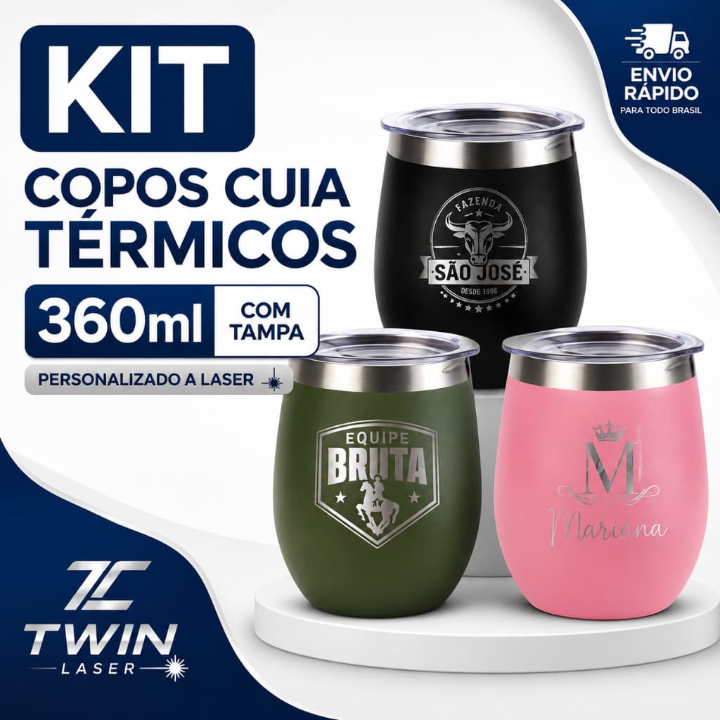 Kit 8, 16 , 26 Copos Térmicos 360ml Cônico ou Cuia Casca de Ovo – Inox com Tampa  Pers. a Laser