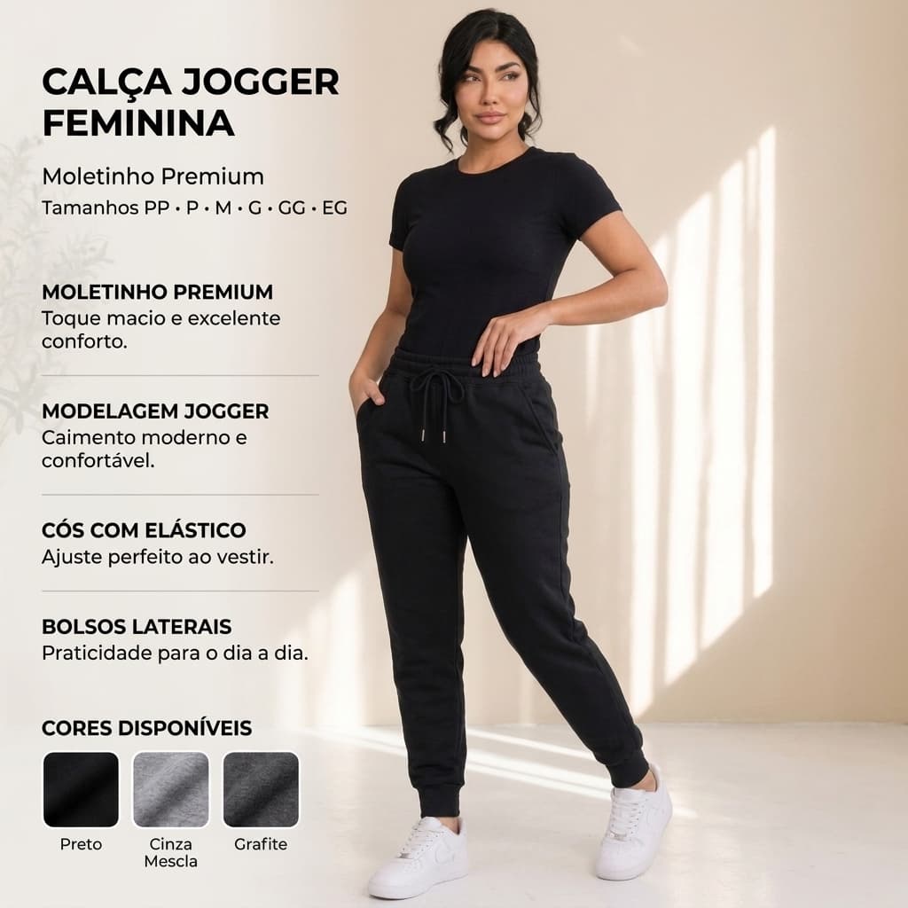 Calça Moletinho Feminina Com elástico no cós e punho em Ribana com bolsos laterais