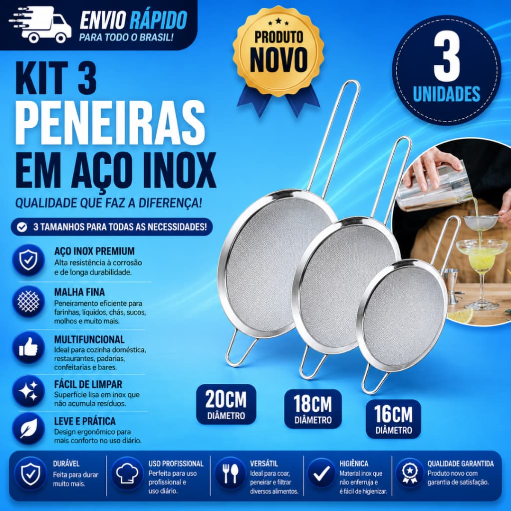 Conj 3 Peneira Aço Inox 12Cm 18Cm 20Cm Coar Suco Polvilhar Frituras SQ 3703 /3701/ 3698 e1 12cm