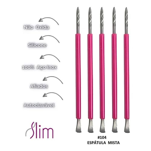 Kit Com 5 Espátulas Bastão Mista Unha Inox Com Silicone Slim